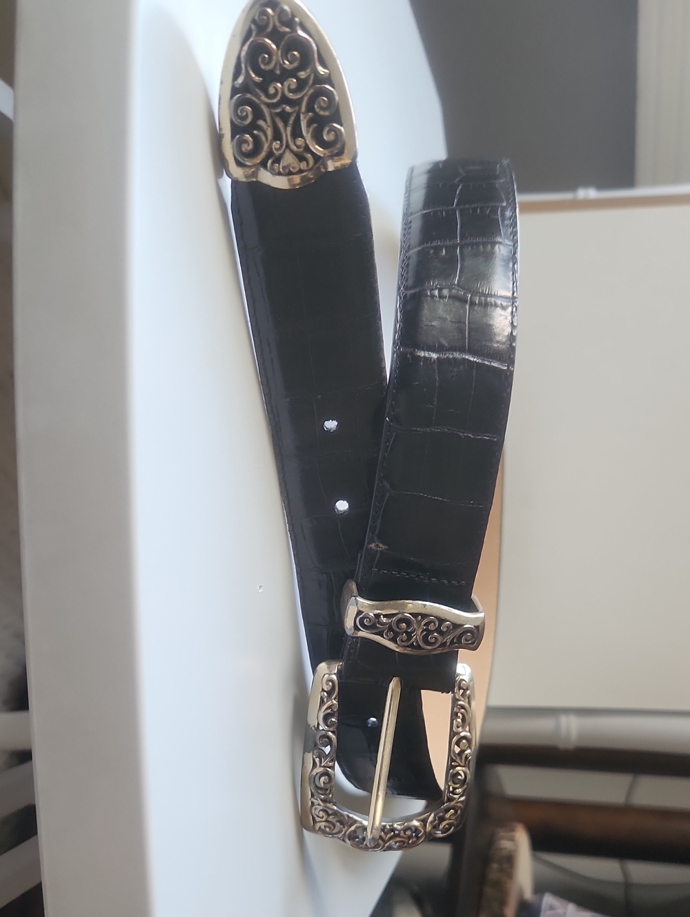 Black Croc-Embossed Leather Belt with Ornate Silver Buckle